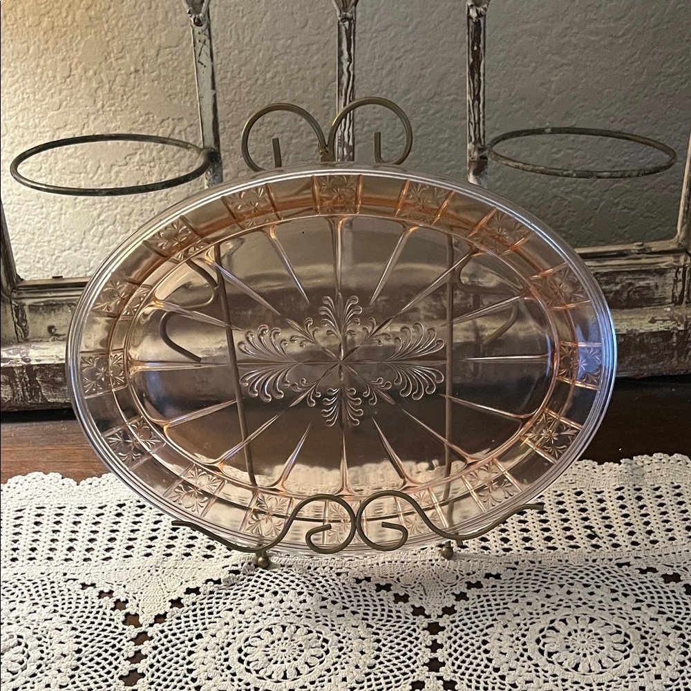 Pressed Glass Oval Serving Platter - Pale Pink